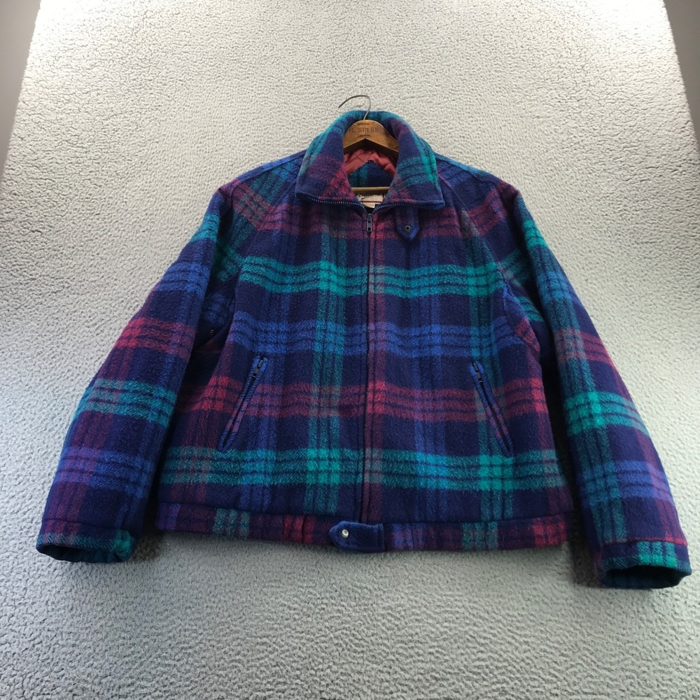 Vintage Wool Bomber Jacket Mens Medium Blue Purple Plaid Quilted Lined Insulated